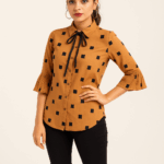 Mustard Polka Square Print Shirt with Pleated Sleeves