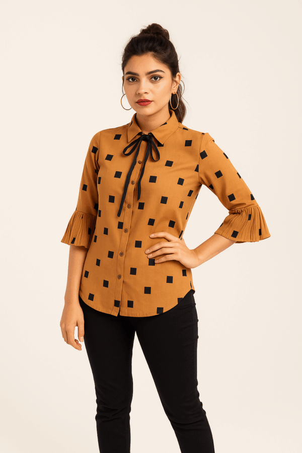 Mustard Polka Square Print Shirt with Pleated Sleeves