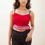 Rhinestone Trim Red Spaghetti Crop Top