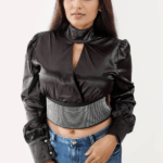Midnight Glam Satin Crop Top with Rhinestone Corset Detail