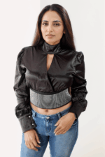 Midnight Glam Satin Crop Top with Rhinestone Corset Detail