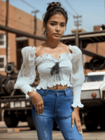 White Smocked Sheer Sleeve Crop Top - Image 3