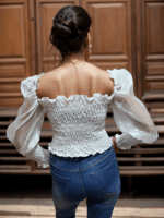 White Smocked Sheer Sleeve Crop Top - Image 2