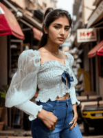 White Smocked Sheer Sleeve Crop Top