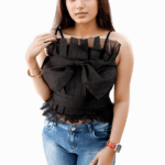 Elegant Ruffle Bow Top – Midnight Black