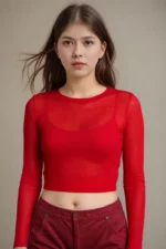 Fiery Red Sheer Long Sleeve Crop Top - Image 2