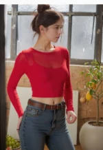 Fiery Red Sheer Long Sleeve Crop Top - Image 3