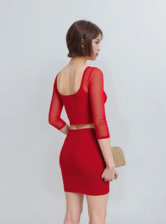 Fiery Red Sheer Long Sleeve Crop Top - Image 5