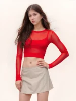 Fiery Red Sheer Long Sleeve Crop Top - Image 6