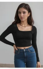 Black Square Neck Ruched Padded Crop Top - Image 2