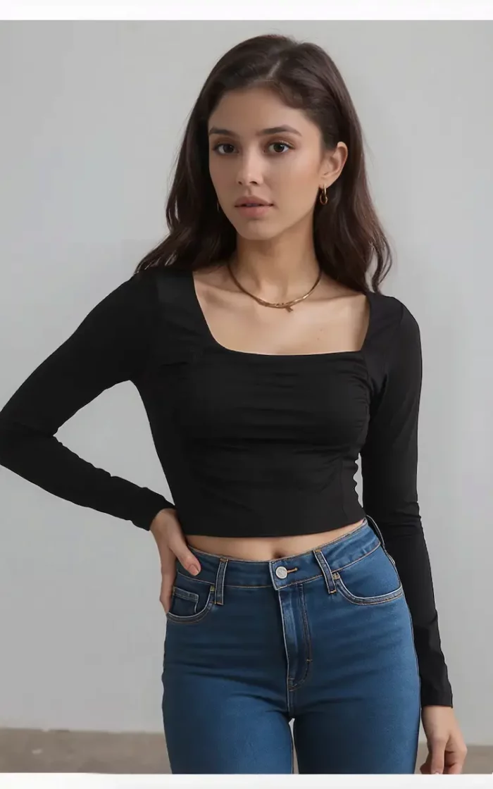 Black Square Neck Ruched Padded Crop Top - Image 2