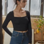Black Square-Neck Ruched Padded Crop Top