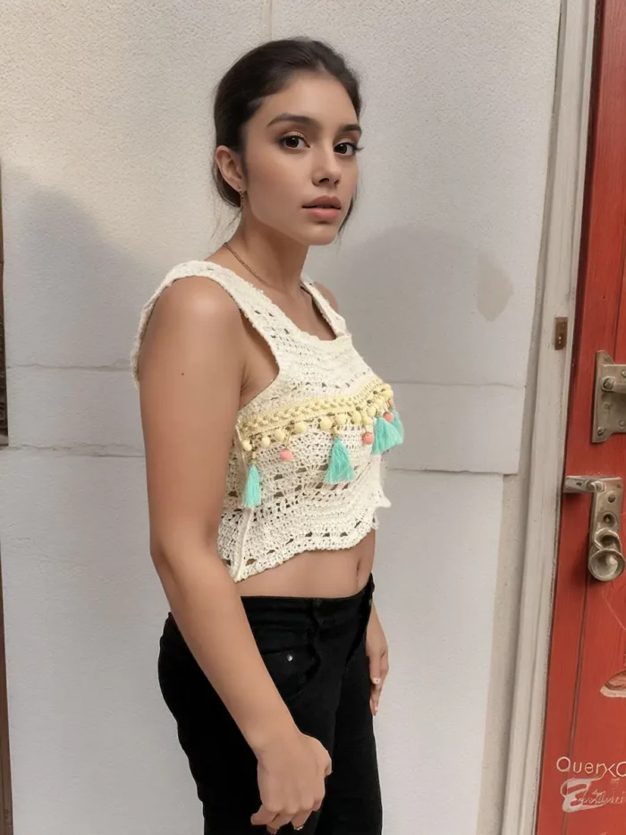 Tassel Crochet Crop Top - Off White - Boho Style - Image 3