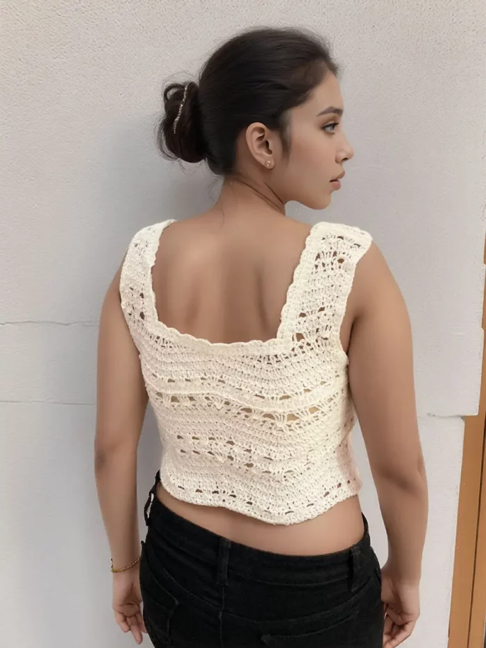 Tassel Crochet Crop Top - Off White - Boho Style - Image 4