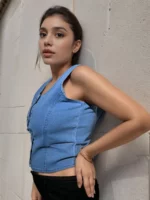 Classic Denim Crop Top - Blue - Button Down - Sleeveless - Image 3