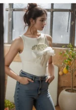 Elegant Pearl Studded White Tank Top with Bow - Image 2