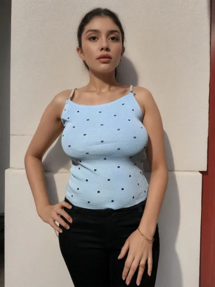 Sky Blue Polka Dot Short Top for girls with Pearl Straps