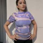 Lavender Cloud Print Sheer Mesh High Neck bodycon Top for women