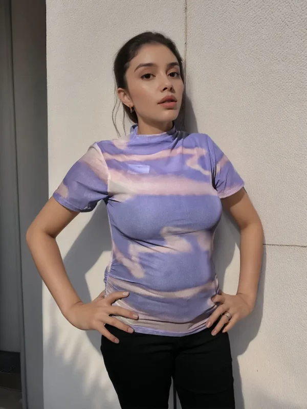 Lavender Cloud Print Sheer Mesh High Neck bodycon Top for women