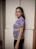 Lavender Cloud Print Sheer Mesh High Neck bodycon Top for women - Image 3
