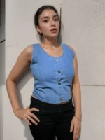 Classic Denim Crop Top - Blue - Button Down - Sleeveless