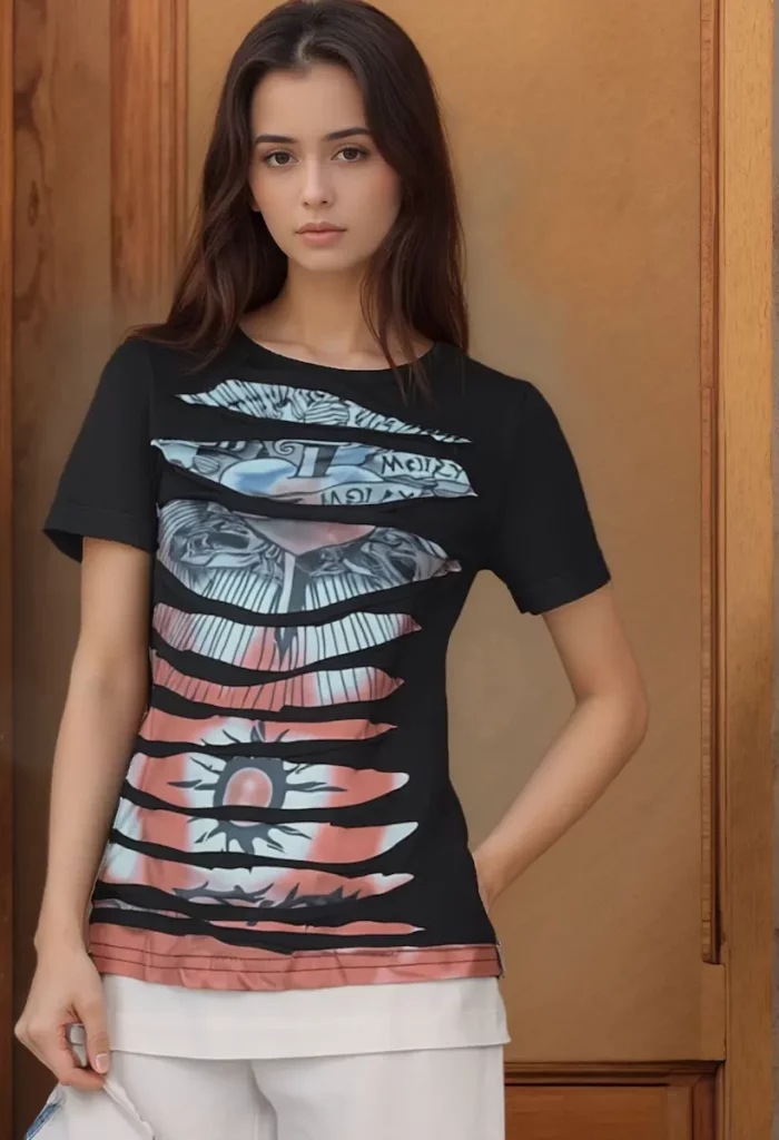 Black Cut-Out Graphic Print Tshirt For Women - Image 2