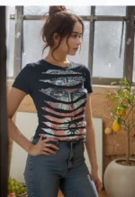 Black Cut-Out Graphic Print Tshirt for women