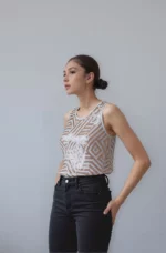 Golden Geometric Sleeveless Sequin Top for women - Image 3