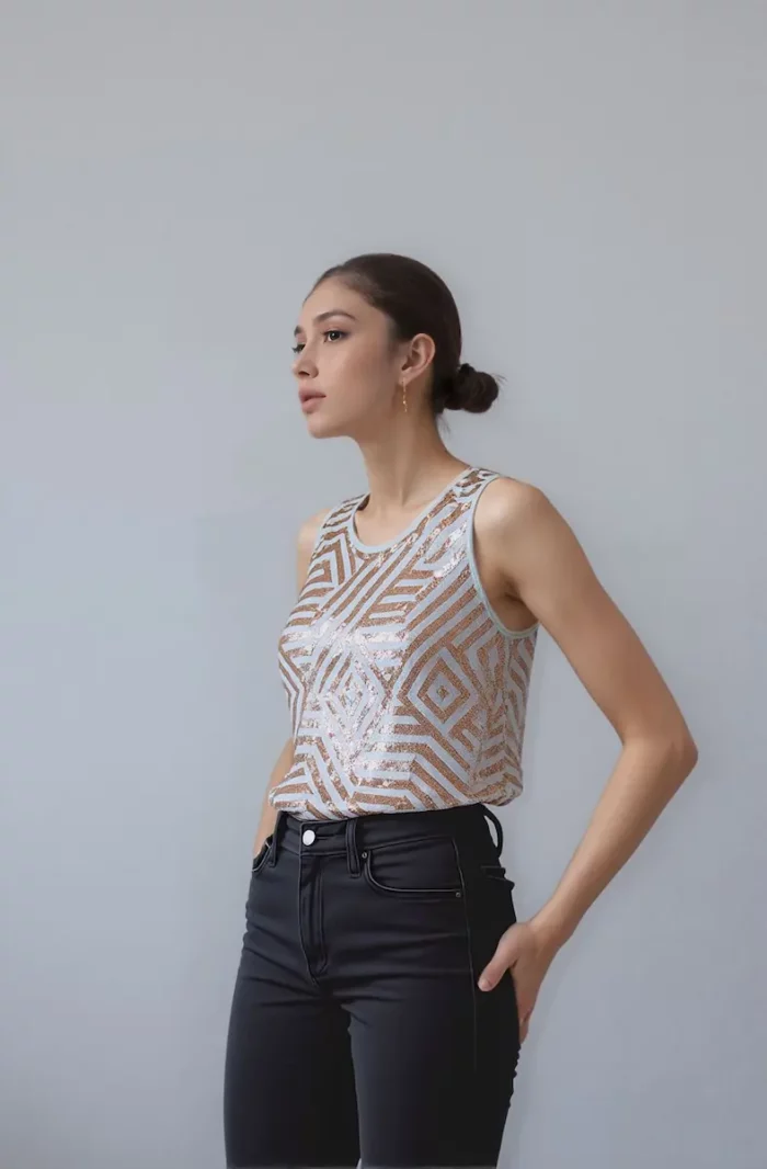 Golden Geometric Sleeveless Sequin Top For Women - Image 3