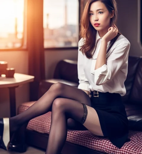 image of bottom part a girl wearing mini skirt and self textured stockings